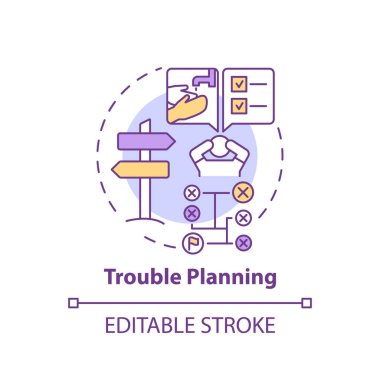 Sorun planlama konsepti ikonu. Karar vermekte zorlanıyorum. Alzheimer belirtileri. Beyin sağlığı sorunu fikri ince çizgi çizimi. Vektör izole edilmiş RGB renk çizimi. Düzenlenebilir vuruş