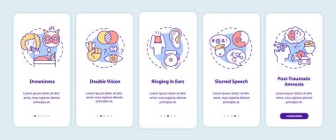 Kafa travması, mobil uygulama sayfası ekranında kavramlarla birlikte. Sakatlık üstüne sorun. Beyin sağlığı servisi 5 aşamalı grafik talimatları inceliyor. RGB renk resimleriyle UI vektör şablonu