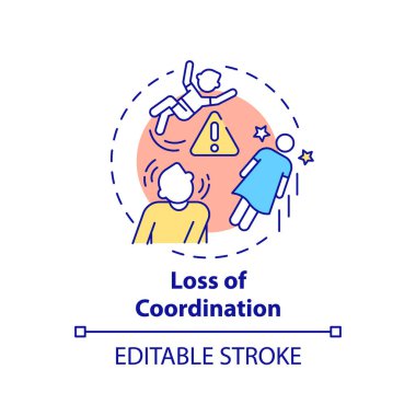 Koordinasyon konsepti simgesi kaybı. Düzensizlikten kaynaklanan bir sorun. Baş dönmesi sorunu. Beyin sağlığı fikri ince çizgi çizimi. Vektör izole edilmiş RGB renk çizimi. Düzenlenebilir vuruş