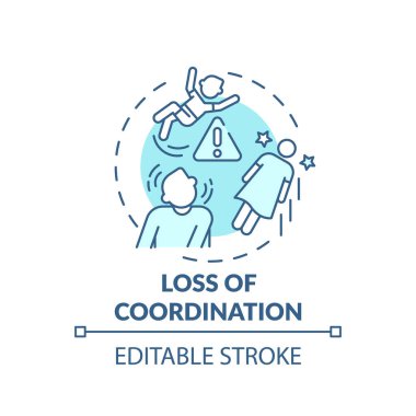 Koordinasyon kaybı turkuaz konsept simgesi. Hareket sorunu. Baş dönmesi sorunu. Beyin sağlığı fikri ince çizgi çizimi. Vektör izole edilmiş RGB renk çizimi. Düzenlenebilir vuruş