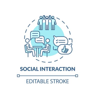 Sosyal etkileşim turkuaz konsept simgesi. İnsanlar arasındaki iletişim. Grupta diyalog. Beyin sağlığı fikri ince çizgi çizimi. Vektör izole edilmiş RGB renk çizimi. Düzenlenebilir vuruş