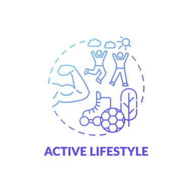 Aktif yaşam tarzı mavi eğimli konsept simgesi. Egzersiz rutini. Sağlıklı yaşam. Vücut bakımı için egzersiz. Beyin sağlığı fikri ince çizgi çizimi. Vektör izole edilmiş RGB renk çizimi