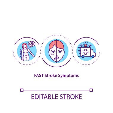 FAST stroke symptoms concept icon. Typical signs of stroke idea thin line illustration. Facial drooping, arm weakness and speech difficulty. Vector isolated outline RGB color drawing. Editable stroke clipart