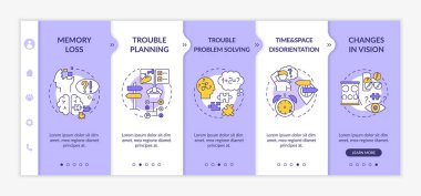 Bunamanın belirtileri vektör şablonunda. Alzheimer belirtileri. Beyin sağlığı. Nöroloji sorunu. Simgeli ilgili mobil web sitesi. Web sayfası basamak ekranları. RGB renk kavramı