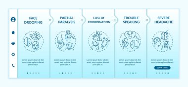 Vektör şablonunda felç belirtileri var. Bela konuşuyor. Şiddetli baş ağrısı. Beyin sağlığı problemi. Simgeli ilgili mobil web sitesi. Web sayfası basamak ekranları. RGB renk kavramı