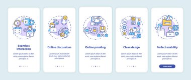 Uzaktan çalışma uygulaması kavramları olan mobil uygulama sayfası ekranında yer almaktadır. Kusursuz etkileşim, temiz tasarım 5 aşamalı grafik talimatlar. RGB renk resimleriyle UI vektör şablonu