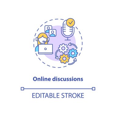 Çevrimiçi tartışmalar konsept simgesi. Uygulama özelliği ince çizgi çizimi. İletişim uygulaması. Sanal toplantılar ve video konferansı. Vektör izole edilmiş RGB renk çizimi. Düzenlenebilir vuruş