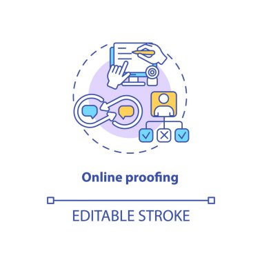 Çevrimiçi düzeltme konsepti simgesi. Uygulama özelliği ince çizgi çizimi. Dosyalar inceleniyor ve onaylanıyor. Gerçek zamanlı takım işbirliği. Vektör izole edilmiş RGB renk çizimi. Düzenlenebilir vuruş