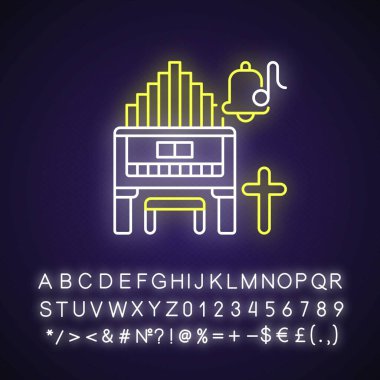 Dini müzik neon ışık ikonu. Büyük organlar. Piyanocu tipler. Şarkı notalı çan. Hıristiyan müziği. Dış ışıltı etkisi. Alfabe, sayılar ve sembollerle imzala. Vektör izole edilmiş RGB renk çizimi