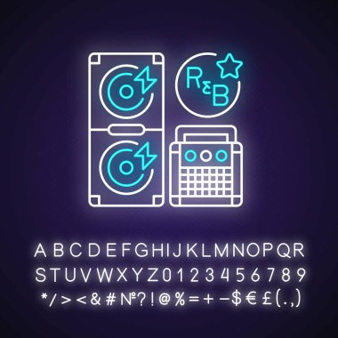 Ritim ve blues neon ışık ikonu. Büyük bir hoparlör. Şarkı talimatları. Modern müzik türleri. Dış ışıltı etkisi. Alfabe, sayılar ve sembollerle imzala. Vektör izole edilmiş RGB renk çizimi