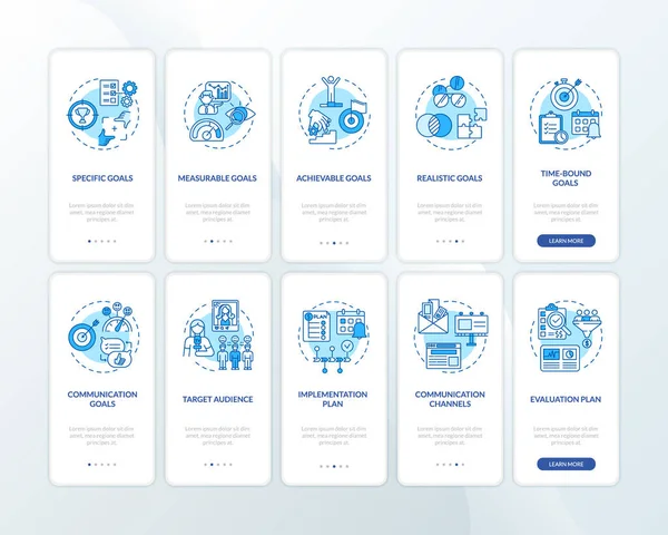 Communication strategy onboarding mobile app page screen with concepts set. Working advices walkthrough 10 steps graphic instructions. UI vector template with RGB color illustrations