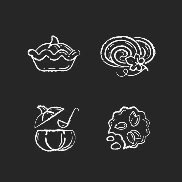 秋天的菜谱是粉笔白色图标 背景是黑色的 美味的南瓜派 自制的汤 美味的饼干和面包卷 素食和甜点 孤立的病媒黑板插图 — 图库矢量图片