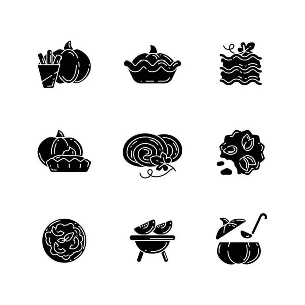 Platos Calabaza Iconos Glifo Negro Establecidos Espacio Blanco Cocina Tradicional — Vector de stock