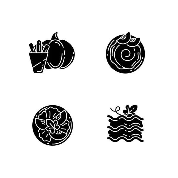 Gourd配方设置在白色空间上的黑色象形文字图标 美味的南瓜薯条 素食沙拉 宽面条和鹰嘴豆的轮廓符号 乡村菜式 自制菜式病媒孤立的说明 — 图库矢量图片