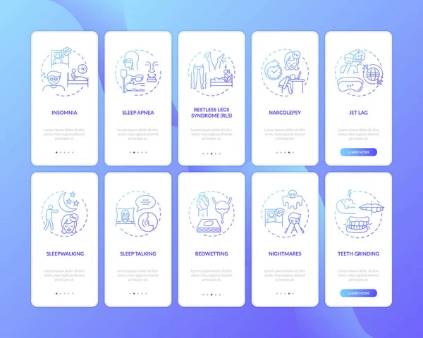 Slaapstoornissen Blauwe Gradiënt Onboarding Mobiele App Pagina Scherm Met Concepten — Stockvector