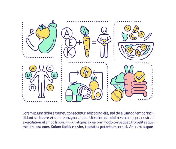 健康的な食事のコンセプトアイコンテキスト付き 果物や野菜 菜食主義 ビタミンの栄養 Pptページベクトルテンプレート パンフレット 小冊子デザイン要素と線形イラスト — ストックベクタ