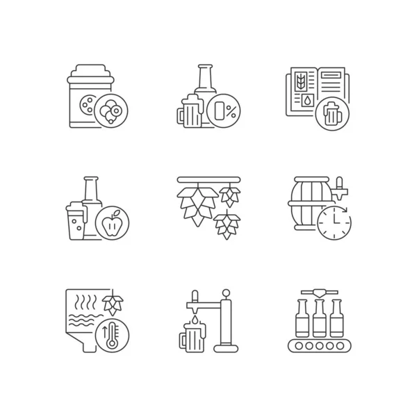 Cerveza Proceso Píxel Perfecto Conjunto Iconos Lineales Producción Industrial Bebidas — Archivo Imágenes Vectoriales