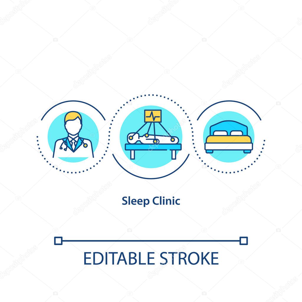 Sleep clinic concept icon. Medical institution for sleep disorders research idea thin line illustration. Insomnia diagnostics and treatment. Vector isolated outline RGB color drawing. Editable stroke