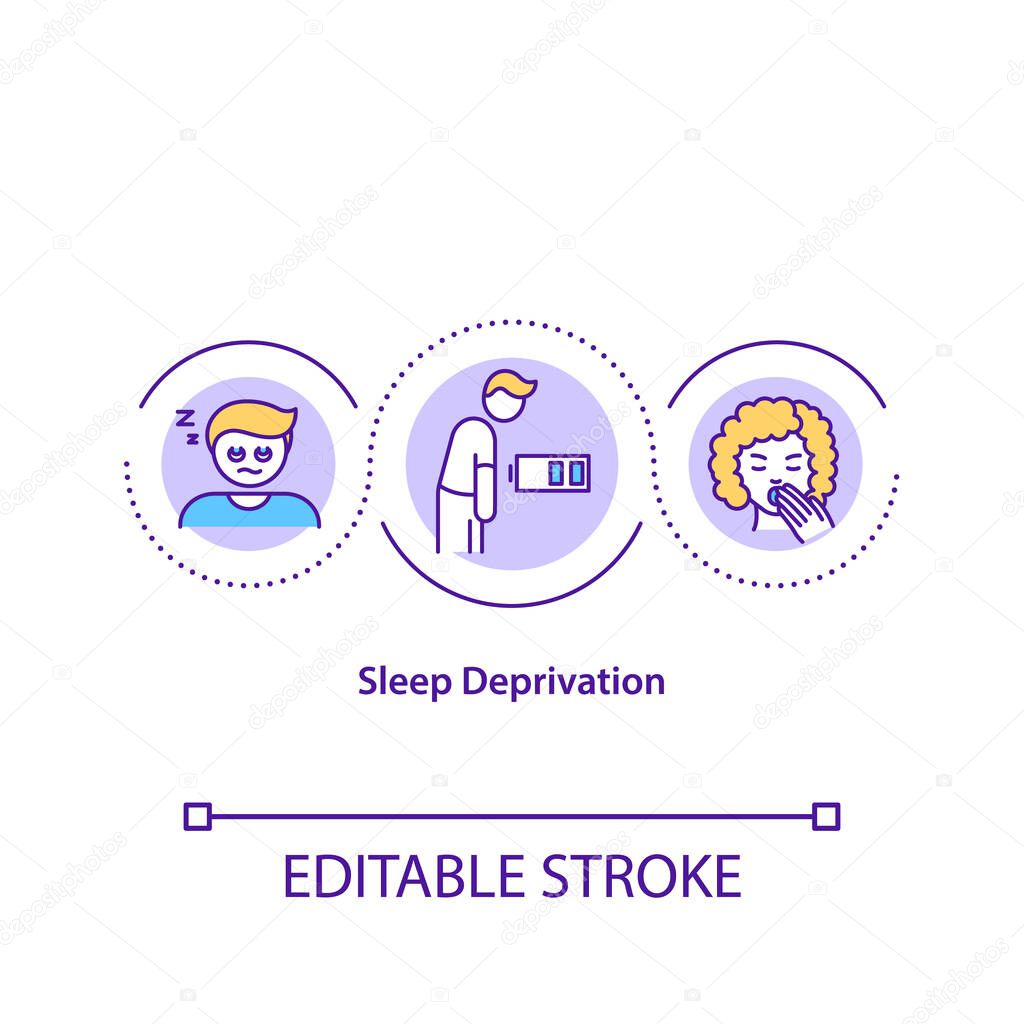 Sleep deprivation concept icon. Lack of rest, insomnia idea thin line illustration. Chronic weariness, fatigue. Sleepy people vector isolated outline RGB color drawing. Editable stroke