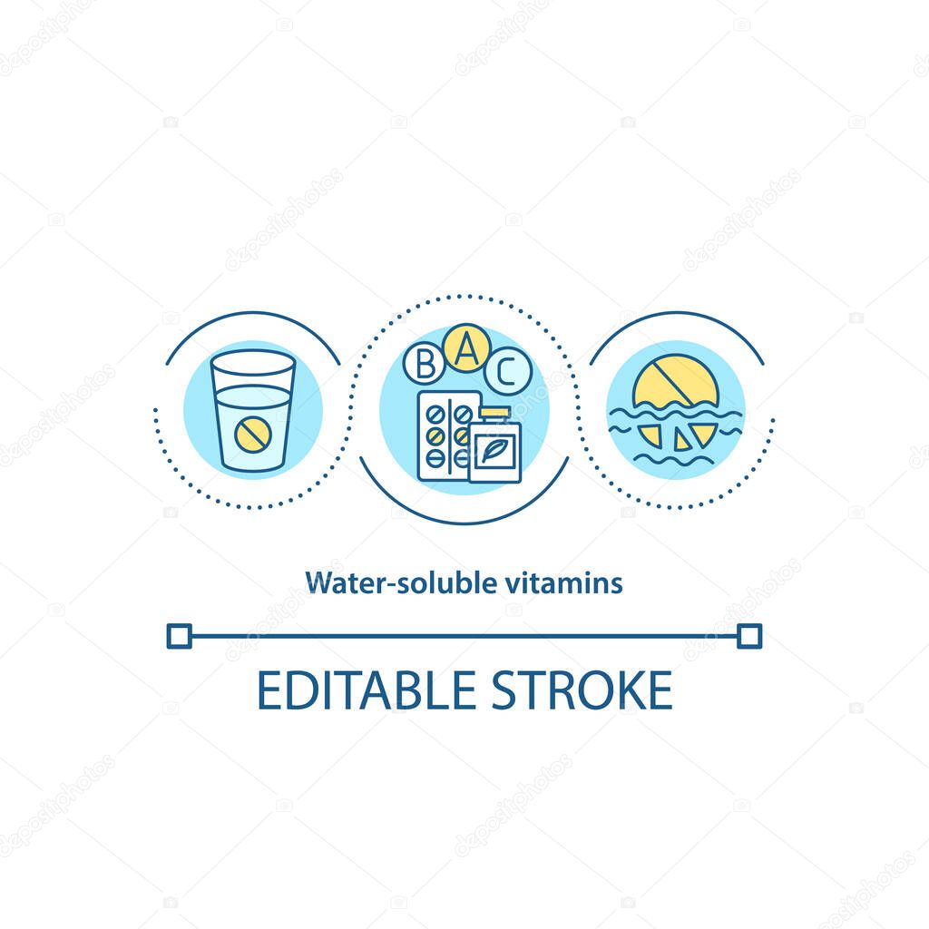 Water soluble vitamins concept icon. Intake of pills and medicines idea thin line illustration. Supplements for better health. Vector isolated outline RGB color drawing. Editable strok