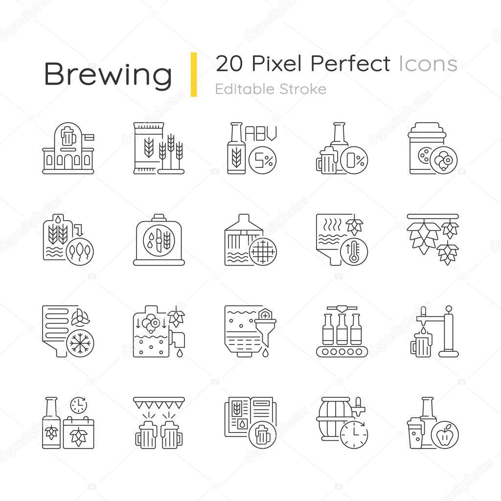 Brewing pixel perfect linear icons set. Beer production. Factory produce alcohol. Manufacturing process. Customizable thin line contour symbols. Isolated vector outline illustrations. Editable stroke