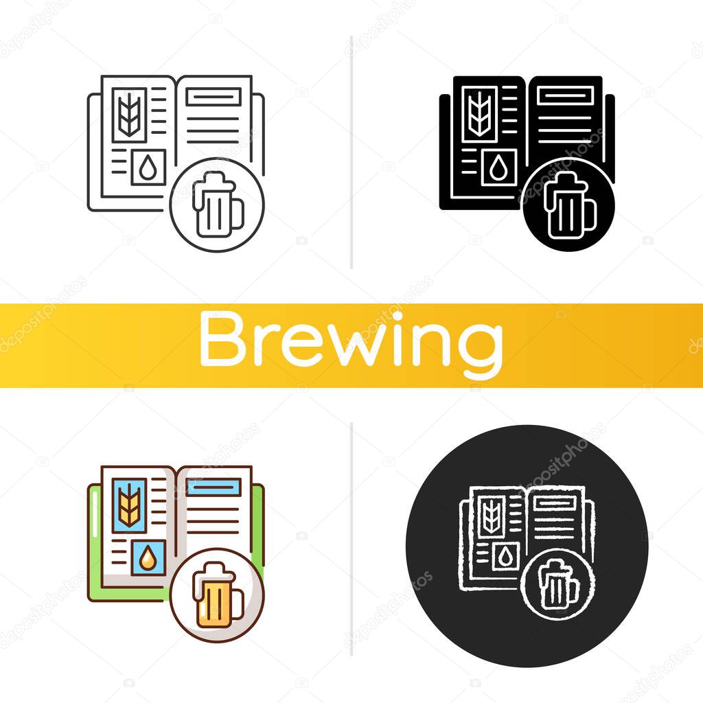 Beer recipe icon. Brewery production. Lager in bar menu. Cookbook for beverage. Ingredients for alcoholic drink. Brewing process. Linear black and RGB color styles. Isolated vector illustrations