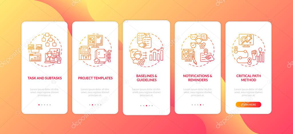 Mobile work software structure onboarding mobile app page screen with concepts. Critical path method, guides walkthrough 5 steps graphic instructions. UI vector template with RGB color illustrations