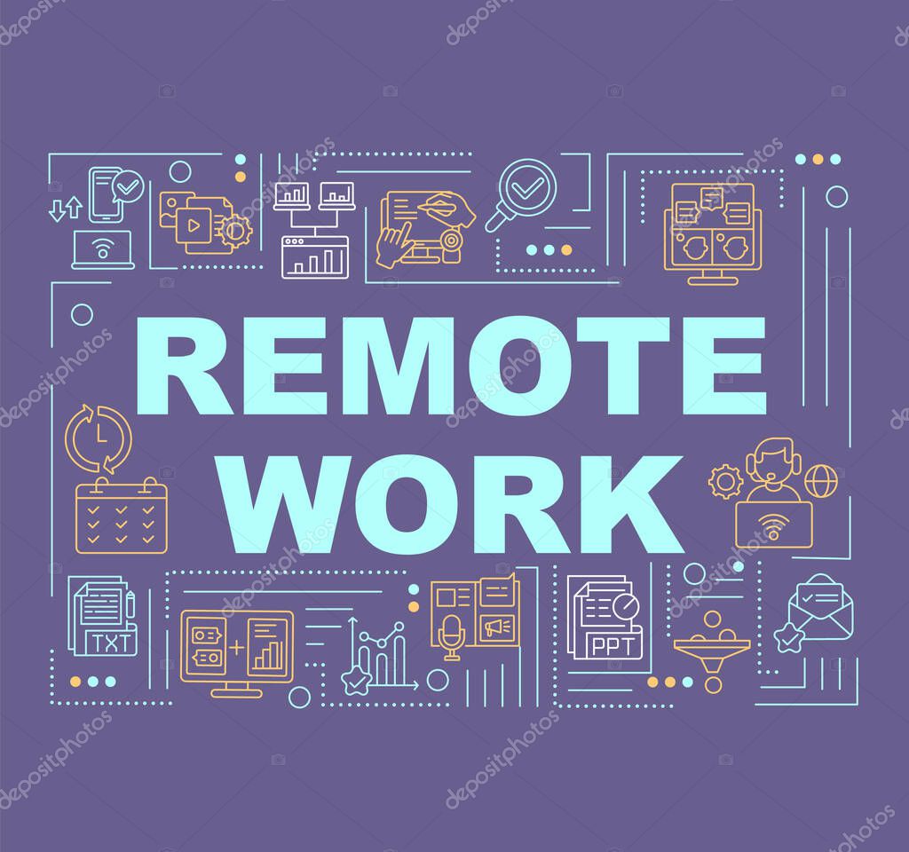 Remote work word concepts banner. Remote project management. Infographics with linear icons on purple background. Isolated typography. Vector outline RGB color illustration