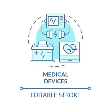 Tıbbi cihazlar yumuşak mavi konsept simgesi. Kesintisiz güç kaynağı. Lityum iyon güvenlik pilleri. Yuvarlak şekil çizimi. Soyut bir fikir. Grafik tasarımı. Broşürde kullanması kolay, kitapçık.