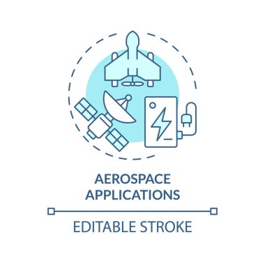 Uzay uygulamaları yumuşak mavi konsept simgesi. Havacılık mühendisliği. Lityum iyon batarya kapasitesi. Yuvarlak şekil çizimi. Soyut bir fikir. Grafik tasarımı. Broşürde kullanması kolay, kitapçık.