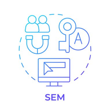SEM mavi gradyan konsept simgesi. Önde gelen nesil, pazarlama. Hedef kitle, müşteriler. Yuvarlak şekil çizimi. Soyut bir fikir. Grafik tasarımı. Sunumda kullanması kolay, bilgi grafiği
