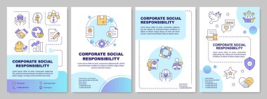 Kurumsal sosyal sorumluluk broşürü. İş temel değerleri. Renk çizgisi simgeli broşür reklam tasarımı. Düzenlenebilir 4 sayfa. Kullanılan Arial-Kalın, Myriad Pro-Normal yazı tipleri