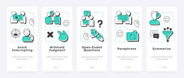 Aktif dinleme teknikleri mobil uygulama ekranlarda. İletişim yetenekleri. Sosyal iletişim ağı. Düz UI UX tasarımı, taslak simgeli turkuaz renklendirme. Lexend yazı tipi kullanımı