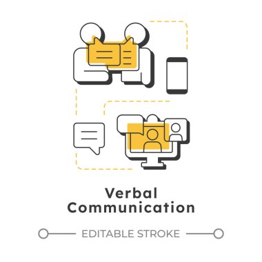 Sözlü iletişim modern doğrusal konsept simgesi. Sosyal mesajlaşma, sohbet. Video görüşmesi, çevrimiçi konuşma. Noktalı çizgilerle birleştirilmiş düz ana hatlar. Yaratıcı görsel. Düzenlemesi kolay