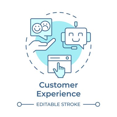 Müşteri, yumuşak mavi konsept simgesini tecrübe eder. Kullanıcı desteği. Yapay zeka, sohbet robotu. Yuvarlak şekil çizimi. Soyut bir fikir. Grafik tasarımı. Bilgide ve sunumda kullanması kolay
