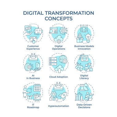 Dijital dönüşüm yumuşak mavi konsept simgeleri. İş yeniliği, bulut teknolojisi. Simge paketi. Vektör görüntüleri. Bilgi ve sunum için yuvarlak şekilli çizimler. Soyut fikir