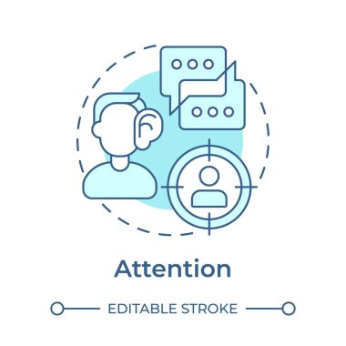 Yumuşak mavi konsept ikonu dikkat. Sosyal etkileşim, mesajlaşma. Aktif dinleme, sohbet. Yuvarlak şekil çizimi. Soyut bir fikir. Grafik tasarımı. Broşürde kullanımı kolay, günlük iletisi