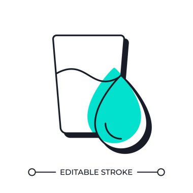 Bir bardak su gölge çizgisi simgesi. Sağlıklı yaşam tarzı için arıtılmış içme sıvısı. Sıvı tüketiminin önemi. Katı yeşil dolgulu kalın ana hatlı sembol. Modern düz çizim. Düzenlenebilir vuruş