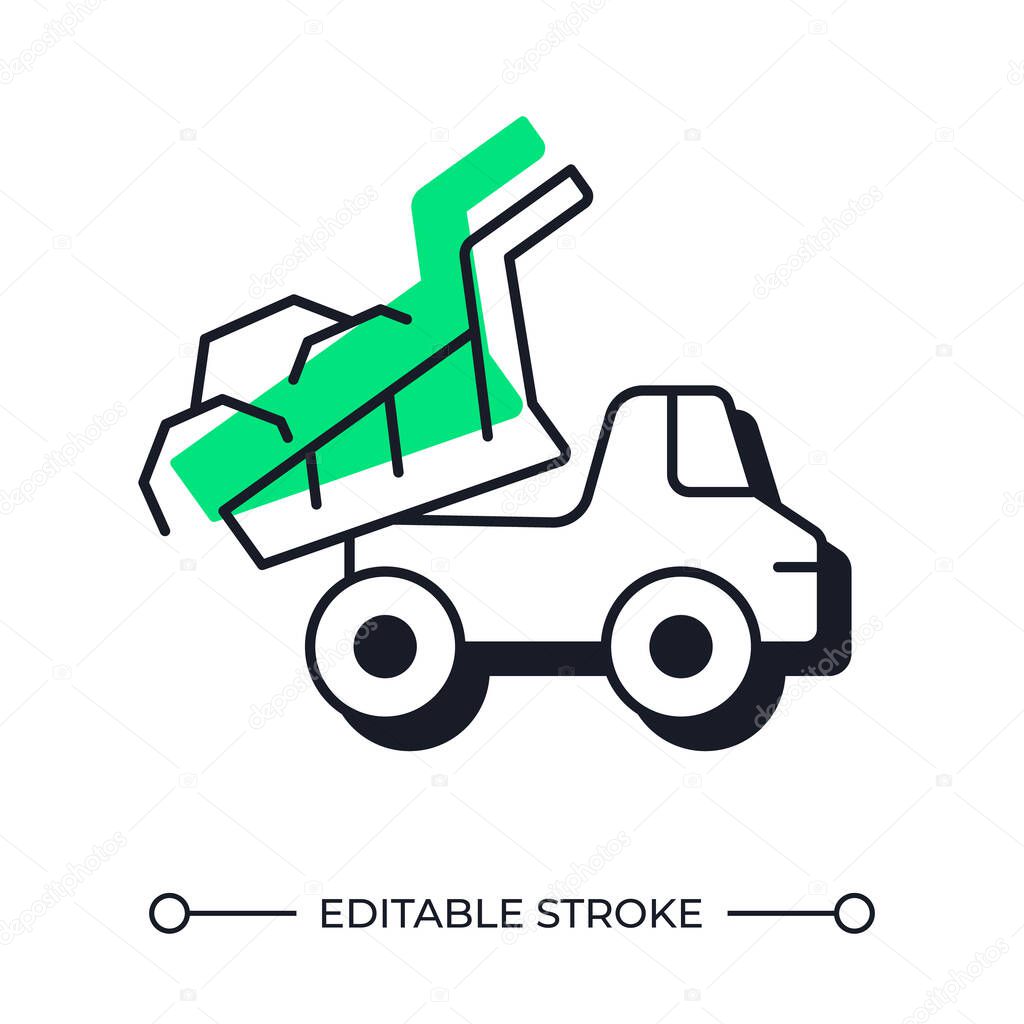 Dump truck unloading cargo offset shadow line icon. Heavy duty vehicle transporting materials. Machinery. Bold outline symbol with solid green fill. Modern flat illustration. Editable stroke