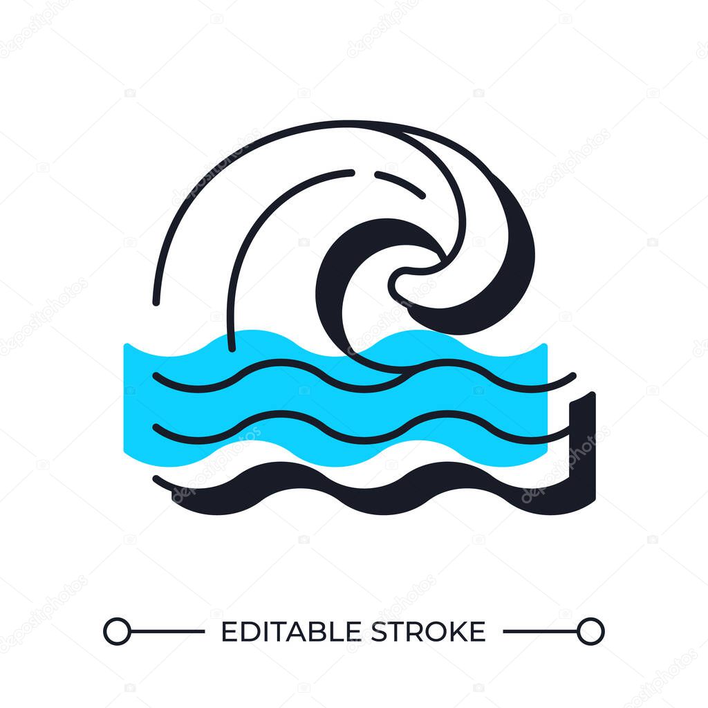 Tsunami danger offset shadow line icon. Series of waves caused by earthquakes and undersea volcanic eruptions. Bold outline symbol with solid blue fill. Modern flat illustration. Editable stroke