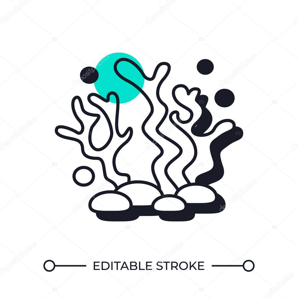 Growing corals offset shadow line icon. Colonial marine invertebrates habitat. Unique underwater ecosystem. Bold outline symbol with solid green fill. Modern flat illustration. Editable stroke