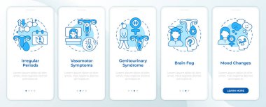 Mobil uygulama ekranında menopoz maviliğinin belirtileri. Jinekoloji. Doğrusal kavramlarla düzenlenebilir grafik yönergelerini 5 adımda gezdir. UI, UX, GUI. Montserrat Yarı Kalın, Düzenli yazı tipleri