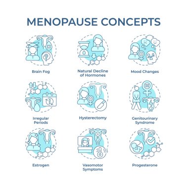 Menopoz, yumuşak mavi konsept simgeleri. Kadın hayatının doruk noktası. Adet dönemleri kalıcı olarak durur. Jinekoloji. Simge paketi. Vektör görüntüleri. Makale için yuvarlak şekilli çizimler. Soyut fikir