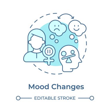 Ruh hali, yumuşak mavi konsept simgesini değiştirir. Hormonal dalgalanma duygusal duruma etki ediyor. Menopoz belirtileri. Yuvarlak şekil çizimi. Soyut bir fikir. Grafik tasarımı. Günlük paylaşımında kullanması kolay