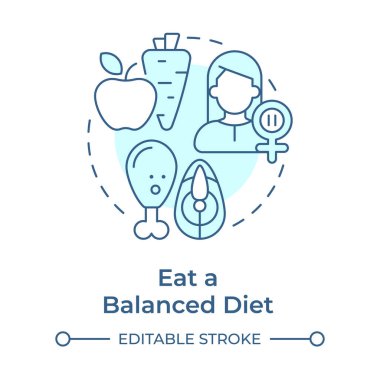 Dengeli diyet, yumuşak mavi konsept ikonu yiyin. Orgazm belirtilerini azaltır. Menopoz önleme. Kadın sağlığı. Yuvarlak şekil çizimi. Soyut bir fikir. Grafik tasarımı. Günlük paylaşımında kullanması kolay