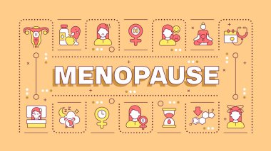 Menopoz turuncu kelime konsepti. Üreme aşamasını bitiriyorum. Olgun kadın sağlığı. Jinekoloji. Tipografi afişi. Başlık metniyle vektör illüstrasyonu, düzenlenebilir simge rengi. İnbot Sans yazı tipi kullanıldı