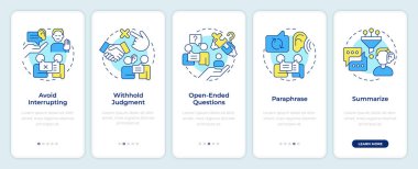 Mobil uygulama ekranında aktif dinleme teknikleri. Doğrusal kavramlarla düzenlenebilir grafik yönergelerini 5 adımda gezdir. UI, UX, GUI. Montserrat Yarı Kalın, Düzenli yazı tipleri