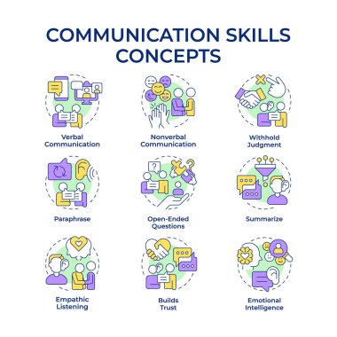 İletişim becerileri çok renkli konsept simgeleri. Empatik dinleme, konuşma. Duygusal zeka. Simge paketi. Vektör görüntüleri. Broşür için yuvarlak şekilli çizimler, blog yazıları. Soyut fikir