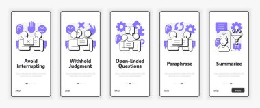 Hareketli dinleme teknikleri ekranda. İletişim yetenekleri. UX UI illüstrasyonu. Mor aksanlı düz taslak simgeler. Informa Pro Bold, Montserrat Light yazı tipleri kullanıldı