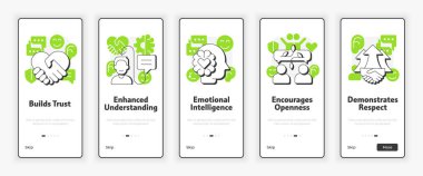 Aktif dinleme, ekranda gezici faydalar sağlıyor. Zihinsel sağlık, iletişim yetenekleri. UX UI illüstrasyonu. Yeşil aksanlı düz çizgili taslak simgeler. Informa Pro Bold, Montserrat Light yazı tipleri kullanıldı